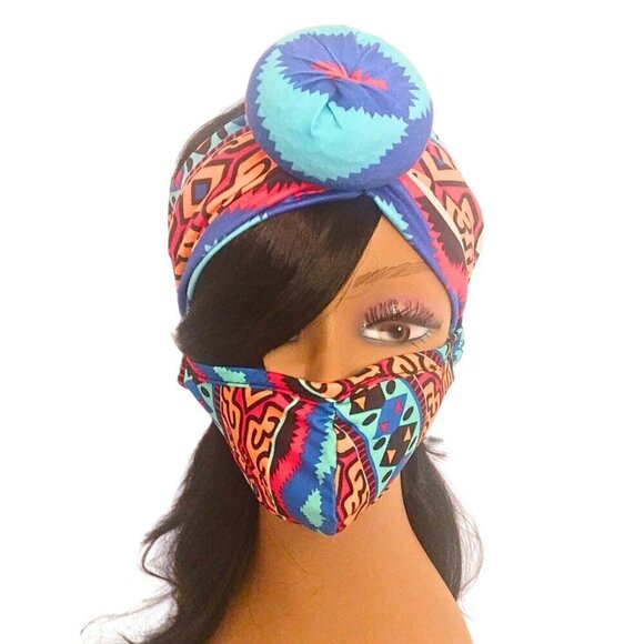 MULTICOLORED AFRICAN PRINT TOP KNOT HEADBAND WRAP AND FACE MASK SET - Picture 1 of 2